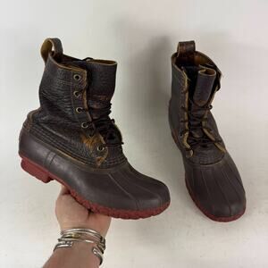L.L.Bean Bison Duck Booties Women's 7 Dark Brown Leather Pull-On Lace-Up Boots